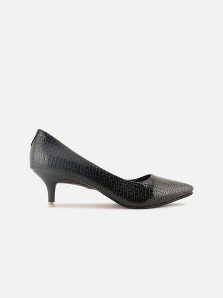 Mast & Harbour Black Textured Pointed Toe Kitten Heeled Pumps