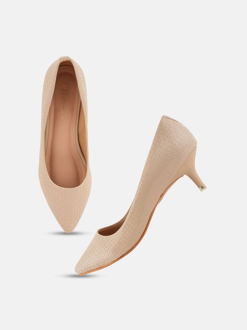 Mast & Harbour Cream Coloured Textured Pointed Toe Kitten Heeled Pumps