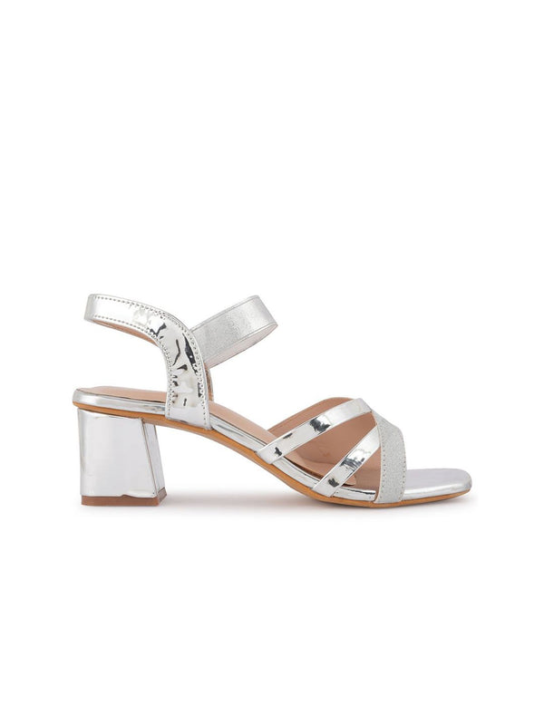 Anouk Silver-Toned Colourblocked Block Peep Toes Heels