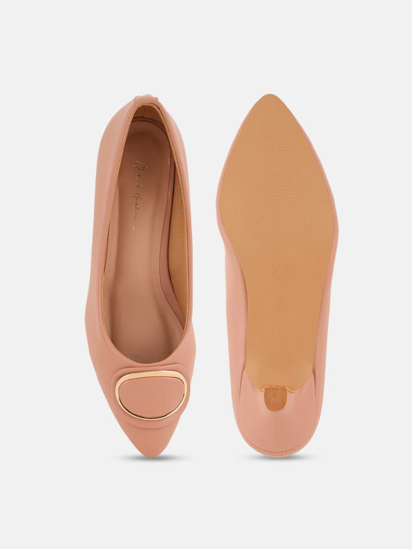 Mast & Harbour Peach-Coloured Round Toe Kitten Heeled Pumps