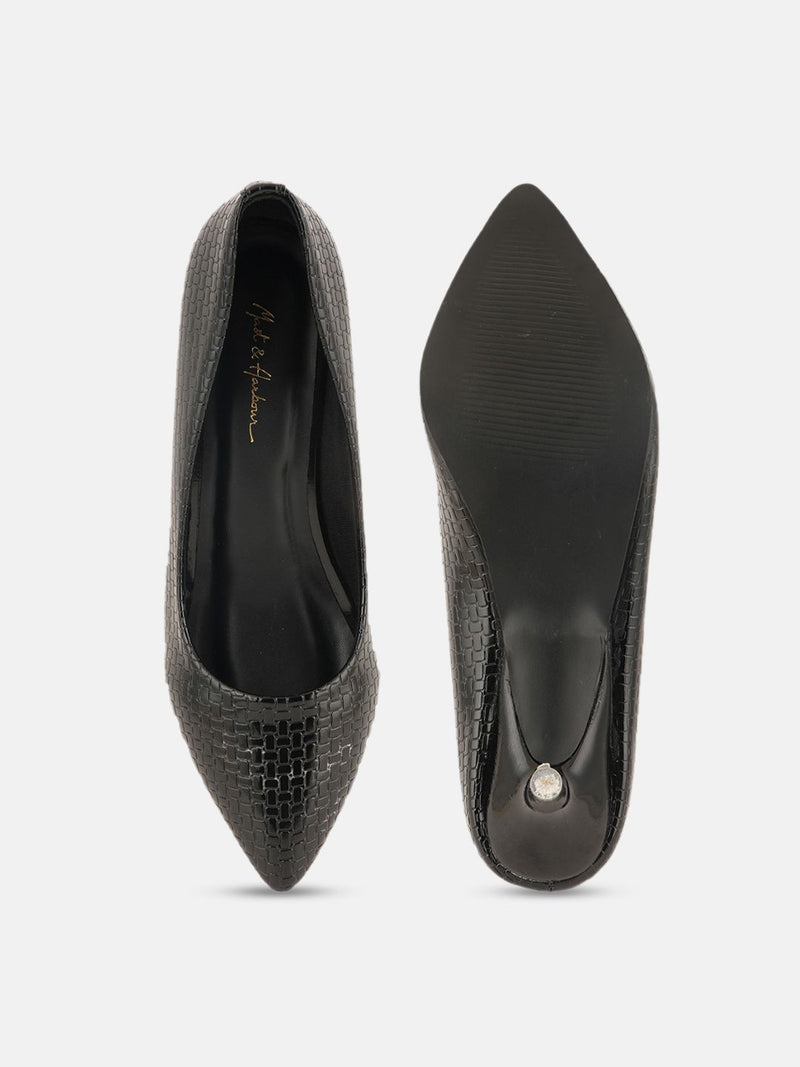 Mast & Harbour Black Textured Pointed Toe Kitten Heeled Pumps