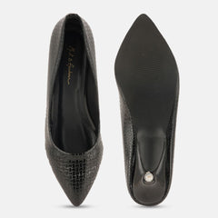 Mast & Harbour Black Textured Pointed Toe Kitten Heeled Pumps