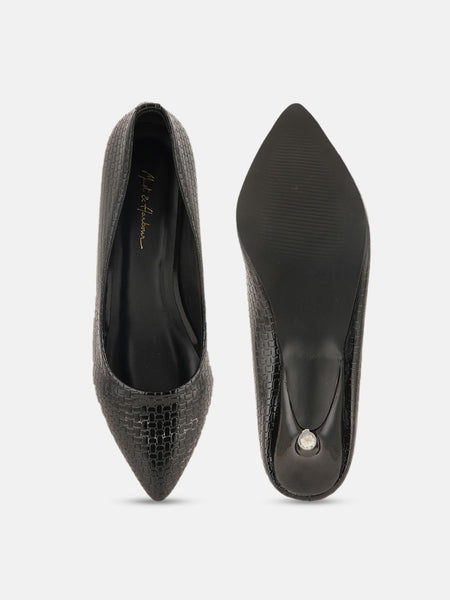 Mast & Harbour Black Textured Pointed Toe Kitten Heeled Pumps