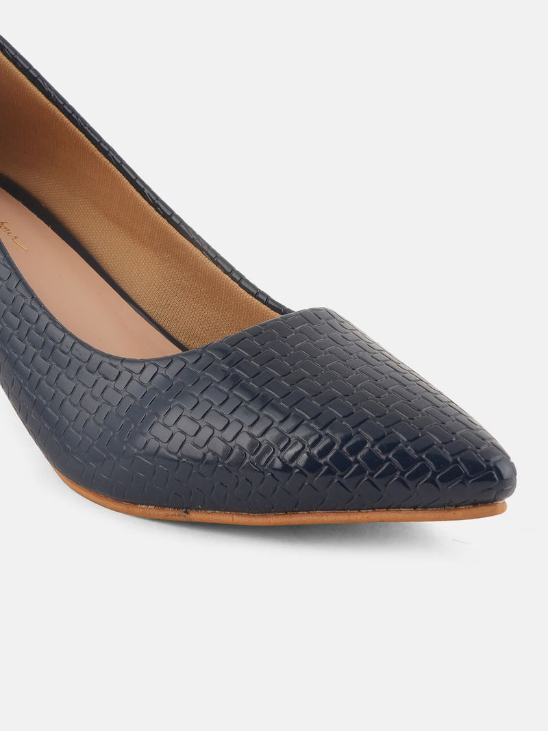 Mast & Harbour Navy Blue Textured Pointed Toe Kitten Heel Pumps