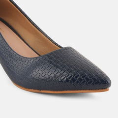 Mast & Harbour Navy Blue Textured Pointed Toe Kitten Heel Pumps